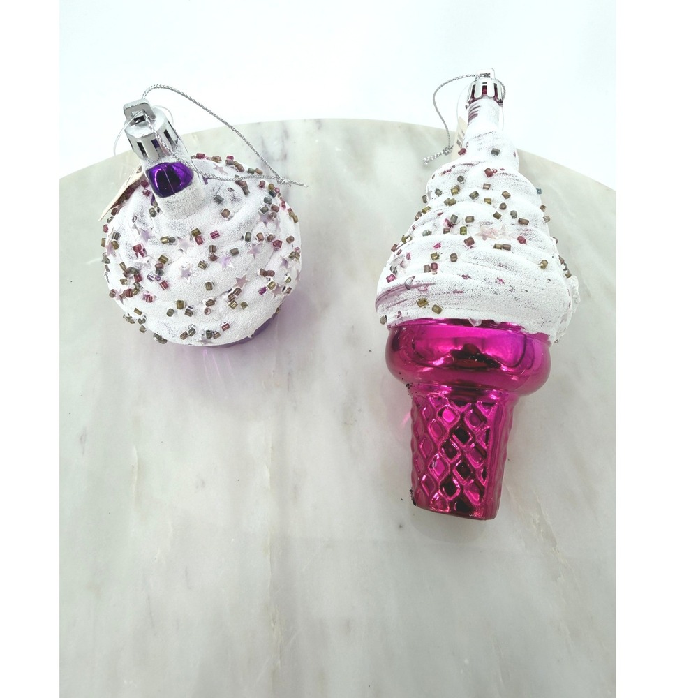 Holiday Time Purple Cupcake and Pink Ice Cream Cone Christmas Ornaments NWT Set